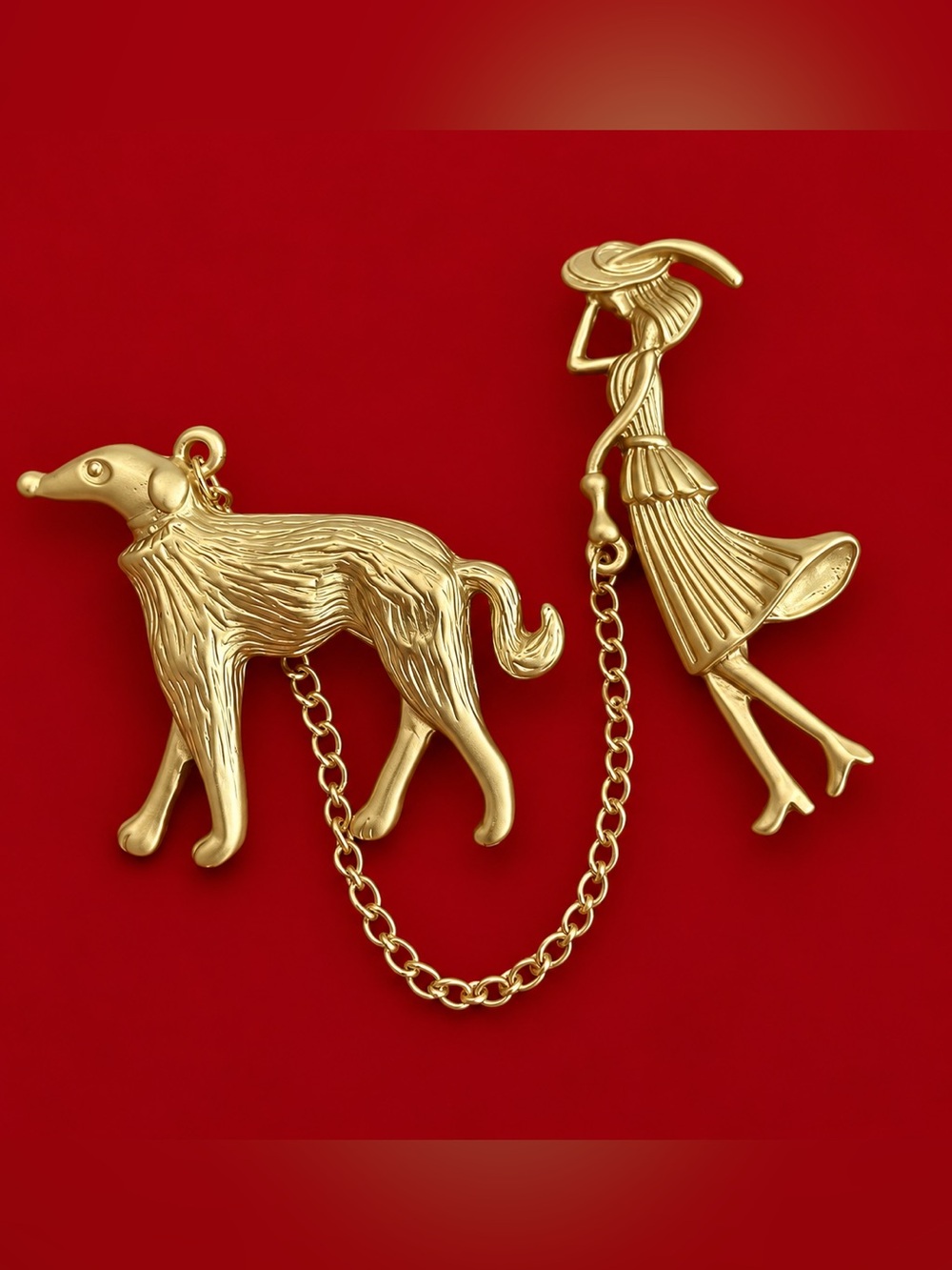 Lady Walking Dog Chain Brooch